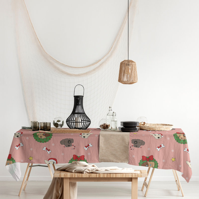 Festive Hol Tablecloth, 102" L x 58" W, Light Blue/Green/Red