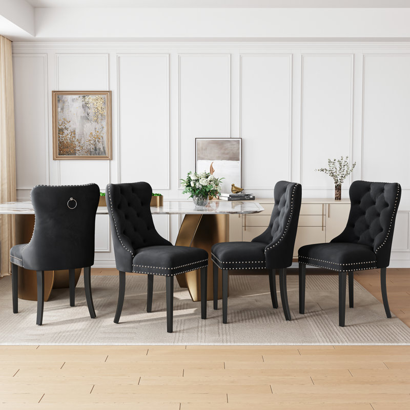 High-End Tufted Dining Chair Set, Velvet Upholstery With Nailhead Trim And Back Pull Ring, Solid Wood Legs, 4, Black