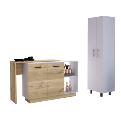Crescent 7-Shelf 4-Door 2-Piece Kitchen Set, Kitchen Island And Pantry White And Light Oak