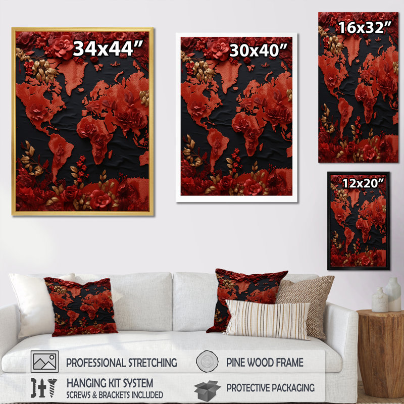 «Nomads Scarlet Red Map» sur toile, H 20 po x l 12 po x P 1 po, Cadre doré simple