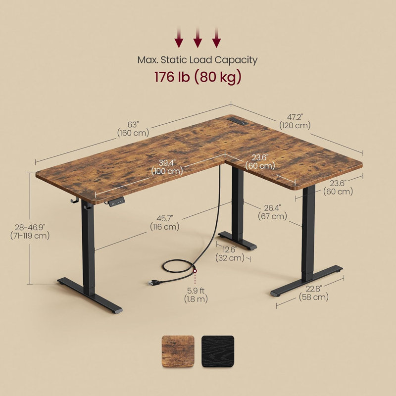 L Shaped Electric Standing Desk, 63 X 47.2 Inches, Height Adjustable Corner Desk With Power Outlets, 2 Memory Buttons, Easy To Assemble, For Home Office, Rustic Brown