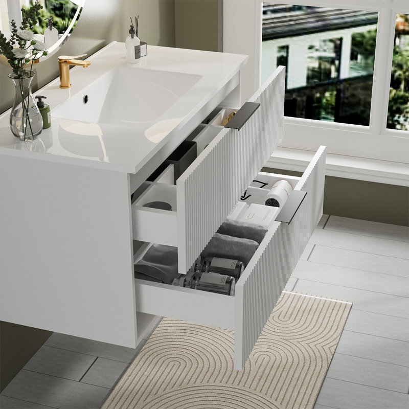 Ensemble de meuble-lavabo mural 36 po en MDF 1 pièce, blanc mat, avec lavabo en céramique
