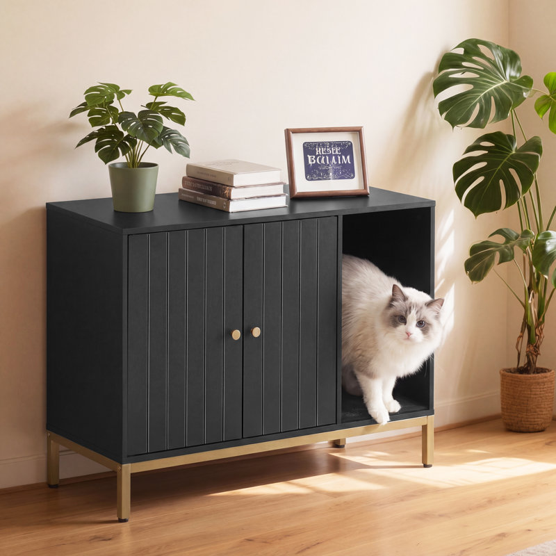 Litière moderne pour chat cachée avec tapis à griffer, Noir