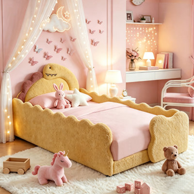 79 Inch Twin Boucle Dinosaur Toddler Platform Bed, Full Surround Safety Guardrails Kids Upholstered Bed Frame, No Box Spring Required for Kids Bedroom