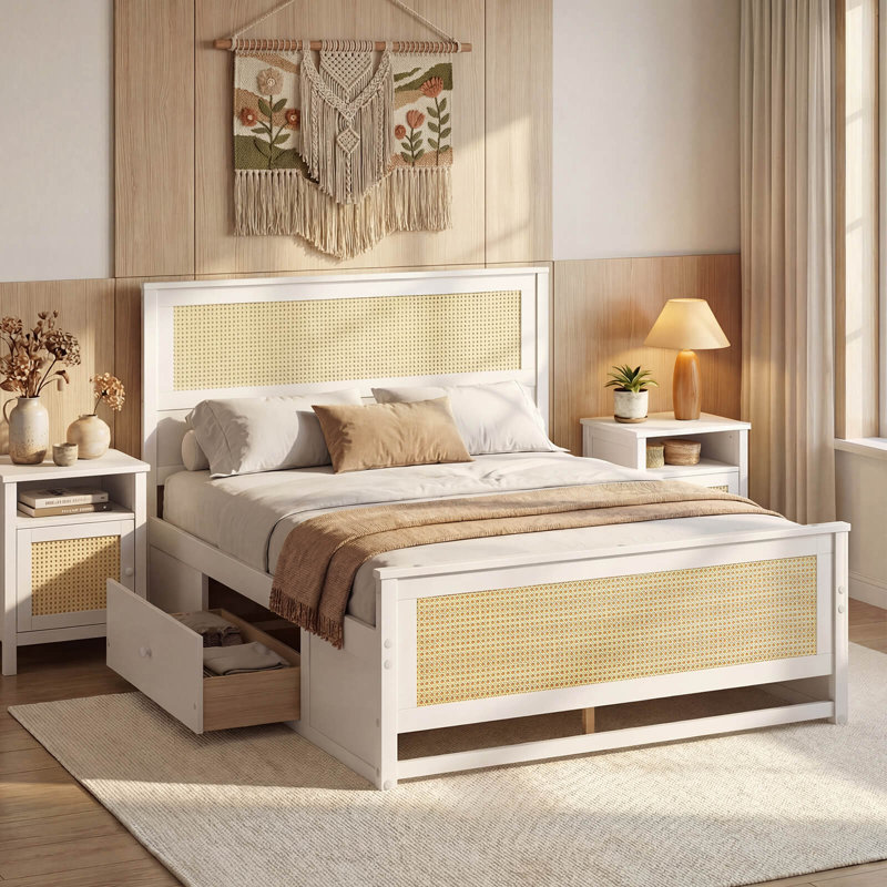 Structure de lit double en rotin avec tête de lit, 2 tiroirs de rangement et espace, blanc, Full / Double, White