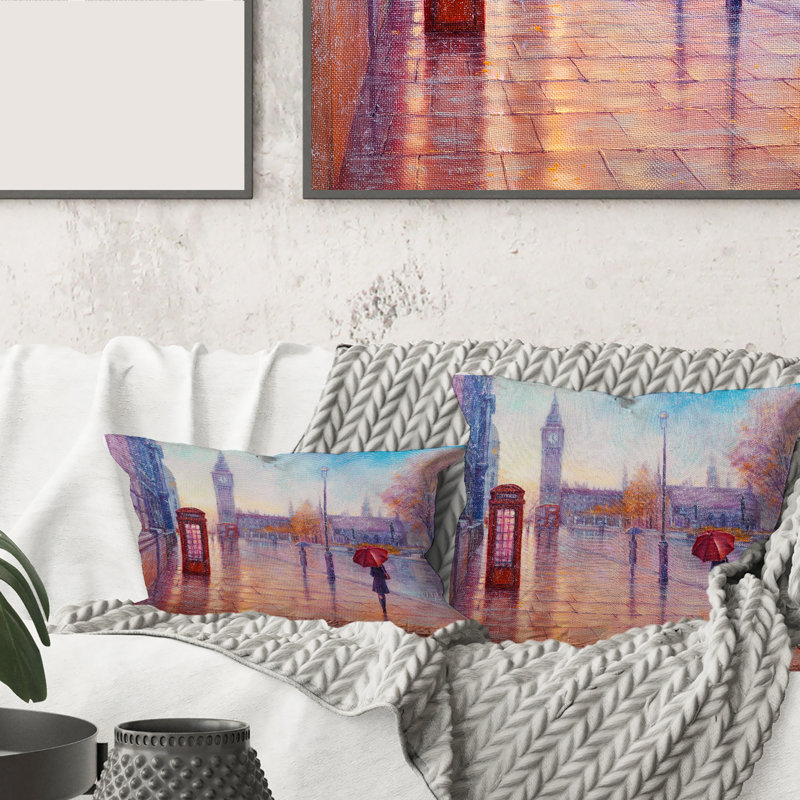 Rectangle, Big Ben et femme avec un parasol rouge à Londres - Coussin décoratif imprimé campagne française
