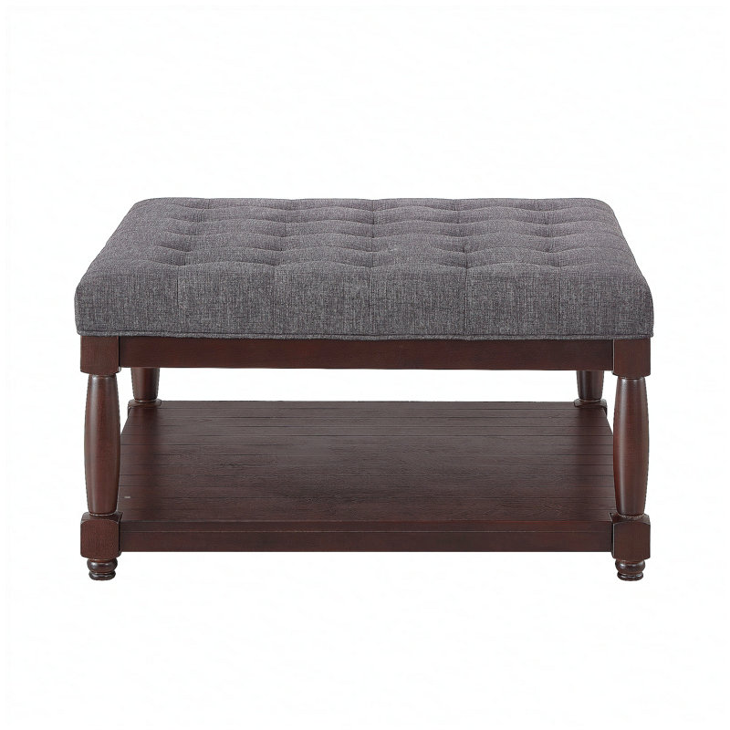 Grande table basse carrée avec repose-pieds en lin capitonné et grand repose-pieds avec tablette en bois massif - gris foncé