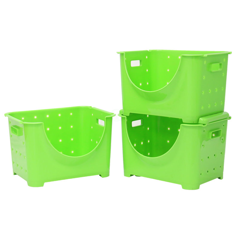 Ensemble de 3 bacs de rangement en plastique empilables avec poignées découpées Basicwise, vert