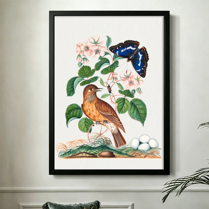 Oiseau moderne abstrait perché sur une branche avec papillon et œufs, style illustration botanique. Art mural 24 "x 36" avec cadre en bois noir