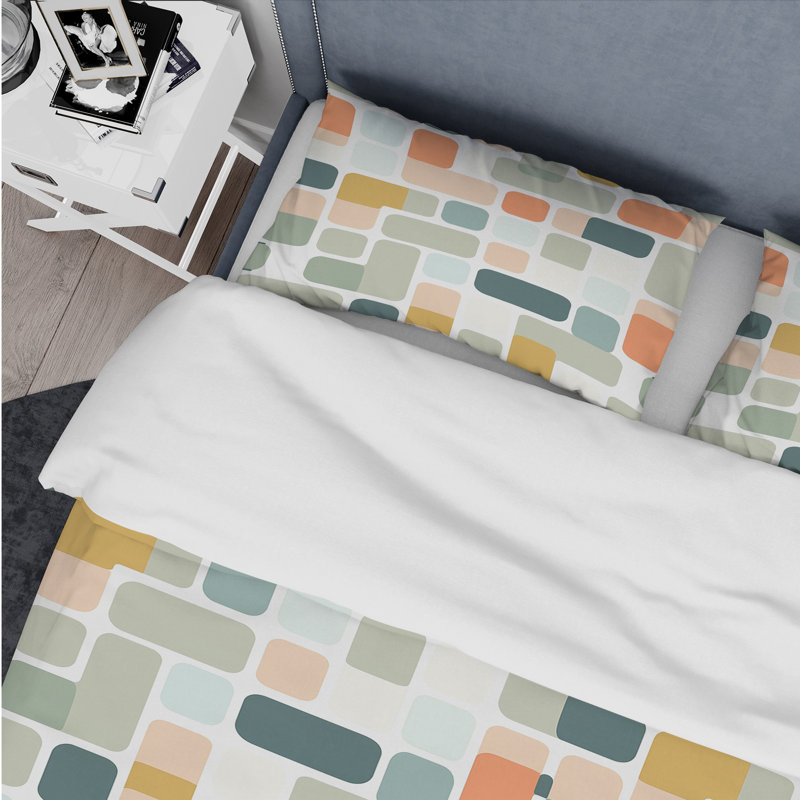Ensemble de housse de couette Green Orange Grid Midcentury - Geometric Grid, Housse de couette très grand + 2 taies décorativ