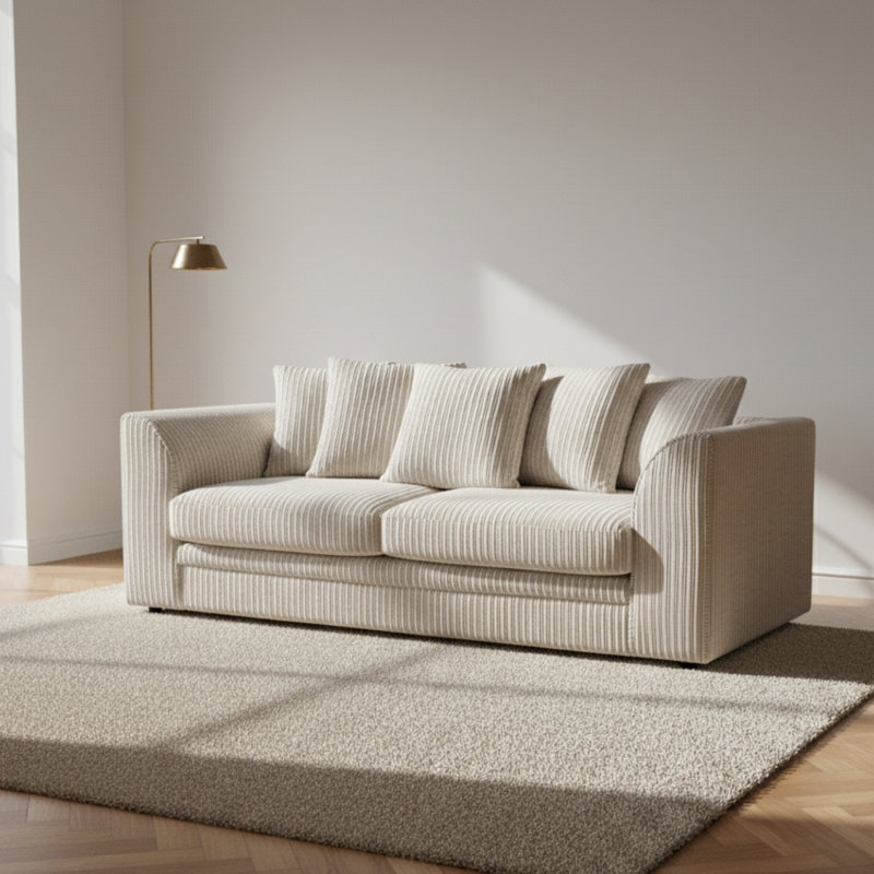 3 Seater Corduroy Sofa, Cream, 90cm H x 190cm W x 90cm D