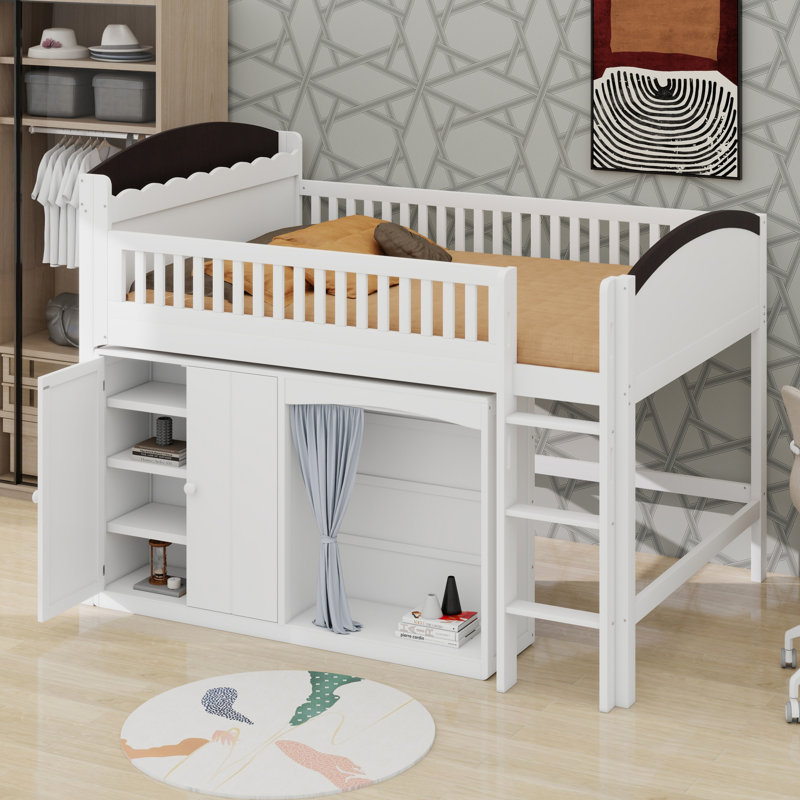 Modern Loft Bed with Storage Cabinet, Wardrobe and LED, White+Espresso