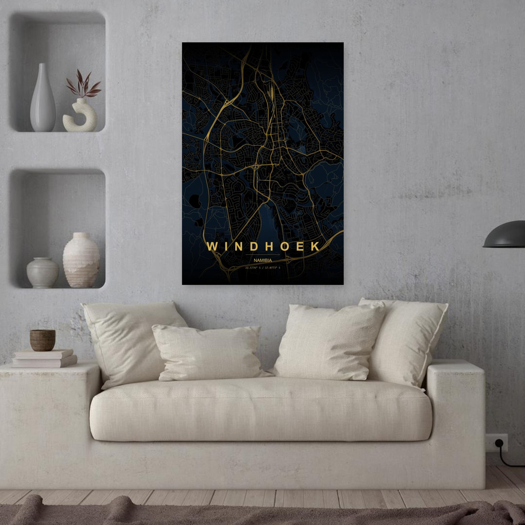 Windhoek Golden City Map Abstract Elegant Minimalist City Wall Art Print