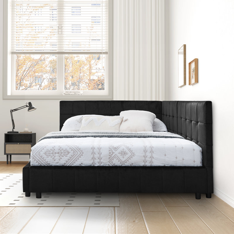 Reversible L-Shape Upholstered Platform Bed With Velvet Fabric Design, Black, Full