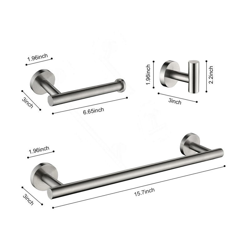 3-Pieces Bathroom Hardware Accessories Set - Towel Bar, Toilet Paper Holder, Robe Towel Hooks, Brushed Nickel