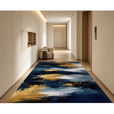 Abstract Blue Gold Splatter Machine Washable Area Rug with Non‑Slip Backing, Modern Artistic Brushstroke Pattern Floor Carpet, Cozy Indoor Home Decor for Living Room, Bedroom, Dining, Office, Den, Apartment, Hallway