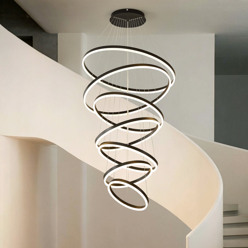 Lustre moderne à anneaux DEL, lustre doré à 7 anneaux pour plafonds clairs, suspension à intensité variable pour hall d'entrée, escalier, salon ou pièce à vivre.