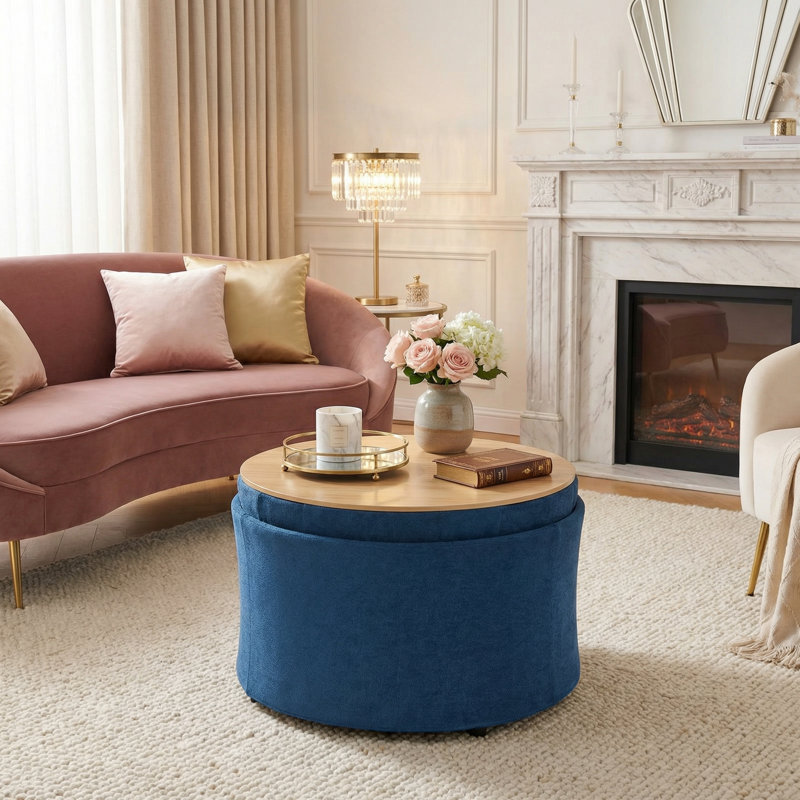 23.5" Wide Round Upholstered Ottoman With Storage, Blue