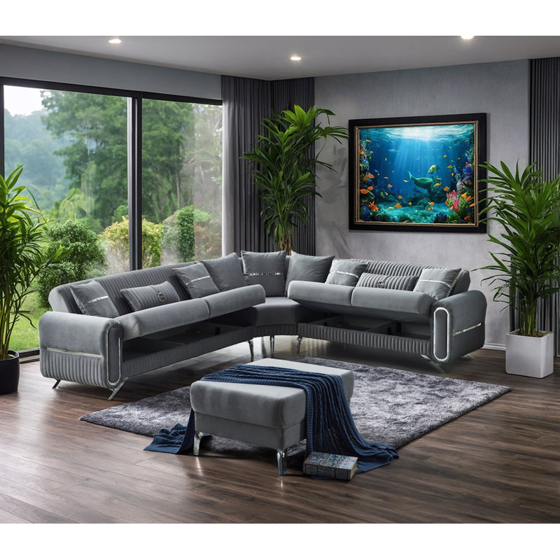 Canapé modulaire 3 pièces Devlynn, Velours gris, Argent