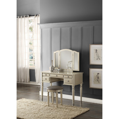 Bedroom Contemporary Vanity Set w Foldable Mirror Stool Drawers Silver Color