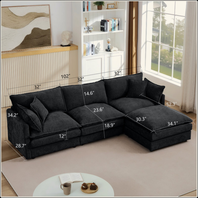 L-Shaped Modular Sectional Sofa, 3-Seater Cloud Couch with Movable Ottoman, Chenille Upholstery DIY Combination for Living Room