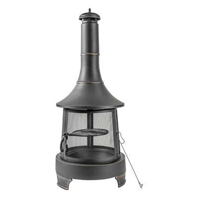 Deko Living 30 Inch Diameter Outdoor Steel Wood Burning Chimney Firepit with Cast Iron Cooking Grill and Poker