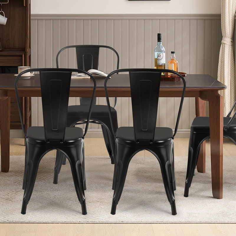 Chaises de salle à manger en métal | Ensemble de 4 | Noir | Chaises d'appoint empilables avec dossier Tolix | Résistant aux rayures | Pieds antidérapants | Utilisation intérieure / extérieure | Capacité de 330 lb | Pour la cuisine et le restaurant