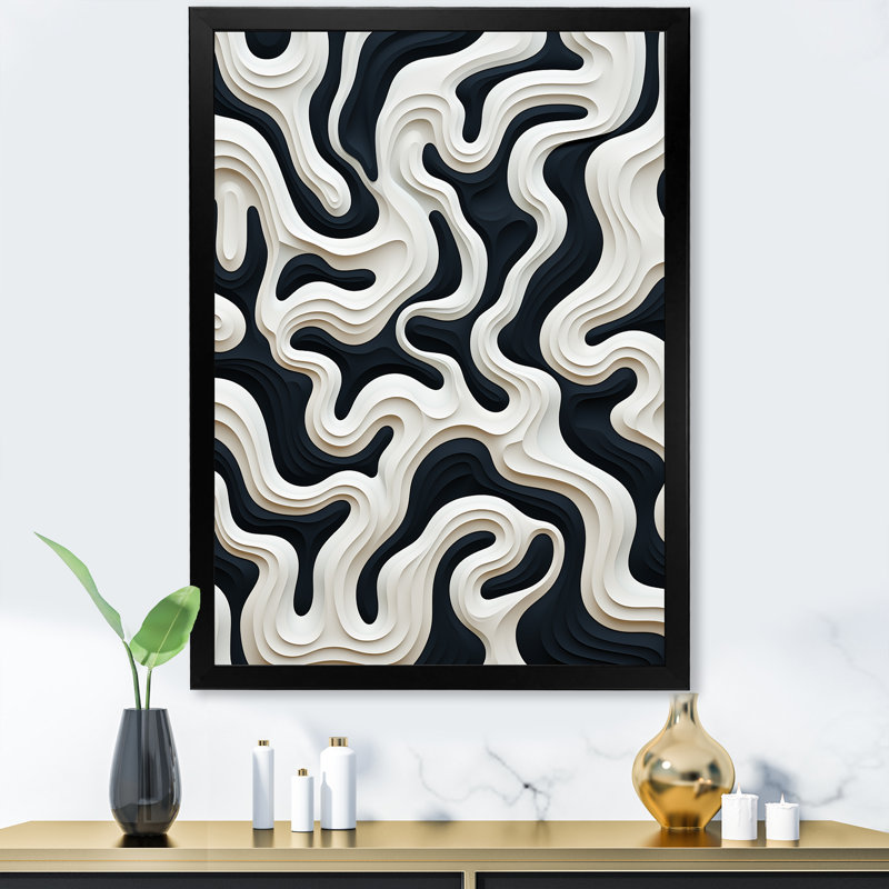 Motif de labyrinthe noir et blanc I - art abstrait sur toile, Cadre simple noir, H 44 po x l 34 po x P 1,5 po
