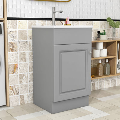 Meuble-lavabo moderne en bois avec tablette de rangement réglable, porte à fermeture en douceur et lavabo en céramique