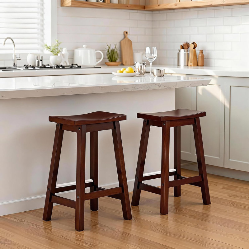 Bar Stools Set of 2, Wooden Saddle Stools 24 Inch Heigh, Brown