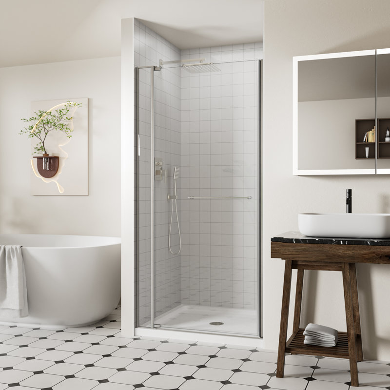 32-36" W x 72" H Frameless Pivot Shower Door, 1/4" (6mm) & 5/16" (8mm) Tempered Glass, Swing Shower Door with Towel Bar & 105° Anti-Collision Stop, Chrome Finish, Reversible Installation