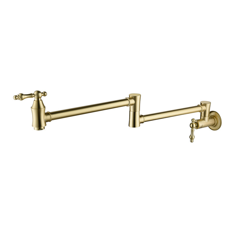 Pot Filler Faucet Wall Mount - Golden Brass Type, Arm For Easy Filling Procedure, Double Handles Managed Water Flow Volume Management, Corrosion & Fingerprint- Surface Sign Signal, Peaceful Splash-