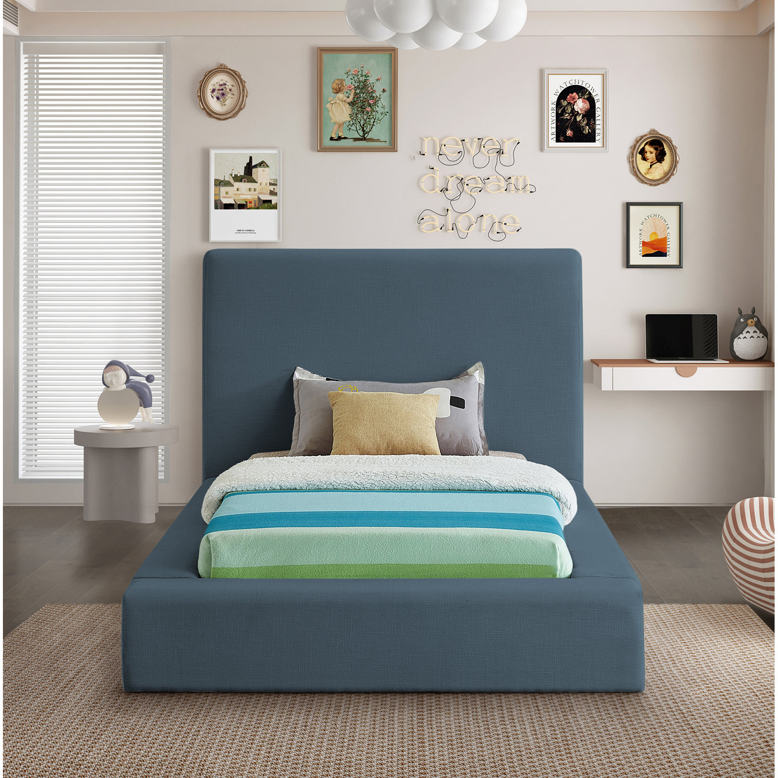 Ishia Velvet Upholstered Bed, Twin, Navy Linen