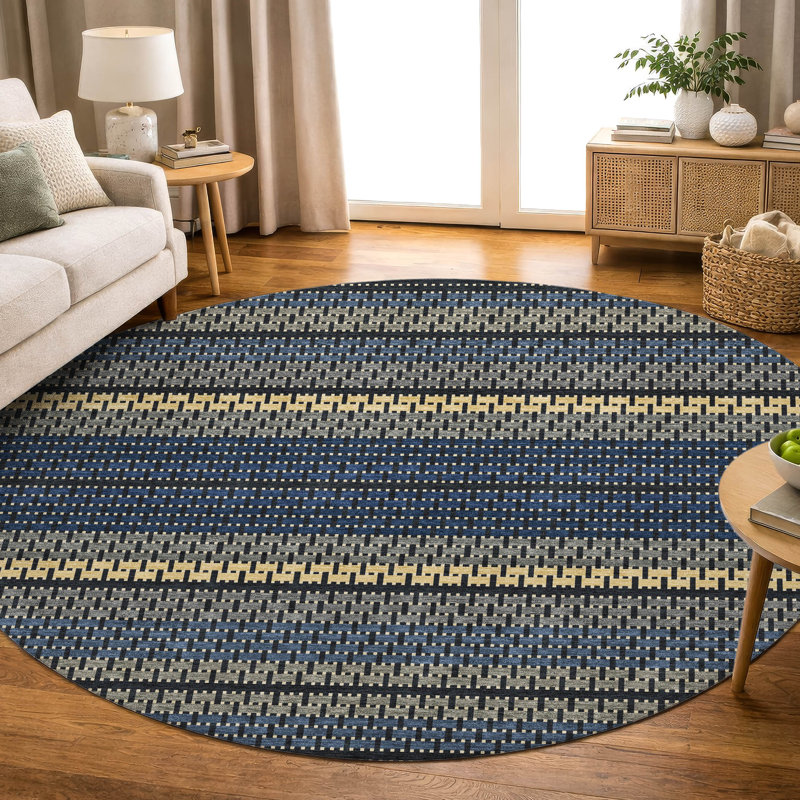 Premium Machine Washable Mayfield AMF2427 Striped Rug, Navy, 8' Round