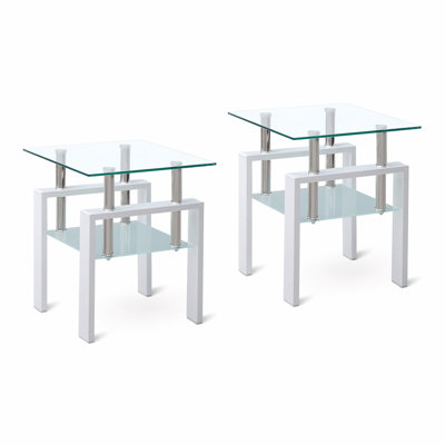 Table de bout en verre trempé transparent 2 pièces, table d'appoint avec rangement à 2 couches pour espaces compacts et design moderne