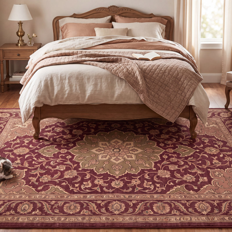 Tapis Darnley traditionnel à médaillon, style persan, bordeaux, cuivre, vert, crème, rose, lavable à la machine, antidérapant, à poils courts, pour l'intérieur et l'extérieur, adapté aux animaux domestiques, idéal pour le salon, la chambre, la salle à manger, l'entrée, le couloir ou le bureau.