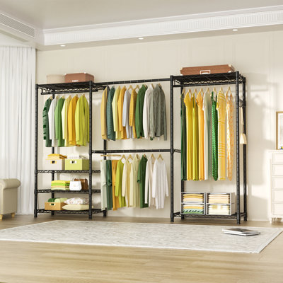 E1 Heavy Duty Closet Garment Rack, 6 Tiers Adjustable Metal Freestanding Expandable Clothing Storage with 4 Hanger Rods, Easy to Assemble Wardrobe, 71.4" H x (70" - 88.2") L x 14" D, Black