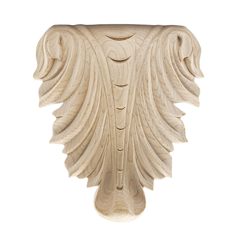RWC006-S_3-1 / 4 po X 2 3/4 po X 5/8 po Applique en bois d'acanthe en bois sculpté à la main sans finition nord-américaine