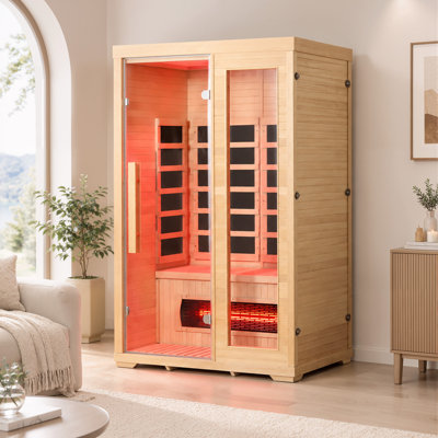 Sauna à infrarouges lointains à spectre complet pour 2 personnes avec luminaire rouge et lampe de beauté à DEL EROMMY, sauna domestique à faible intensité d'EMF, bois de pruche du Canada, 1750 W, 110 V