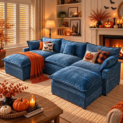 Luxury Cloud Comfort L-Shaped Modular Sectional Sofa With 2 Ottomans, Oversized Velvet Sofa With Throw Pillows For Living Room, Apartment