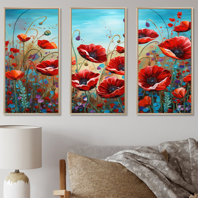 Red Poppies Blossoming III - Flower Field Canvas Art Set