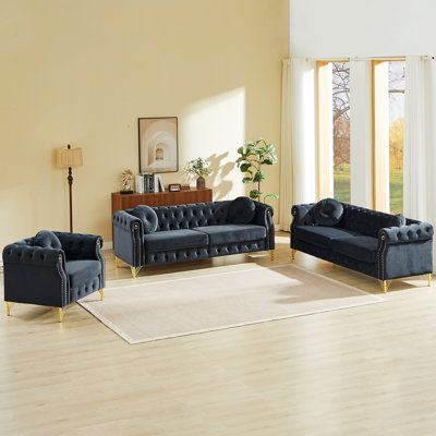 Wooden Frame Chesterfield Sofa With Round Pillows, Metal Legs For Home