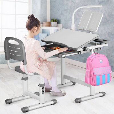 Overby Kids Study Desk And Chair Set Height Adjustable Children School Girl Table Large Writing Board Desk With Led Lamp Pull Out Drawer Pencil Case B -  Zoomie Kids, 2591D75E23644377AAB42668182C1559