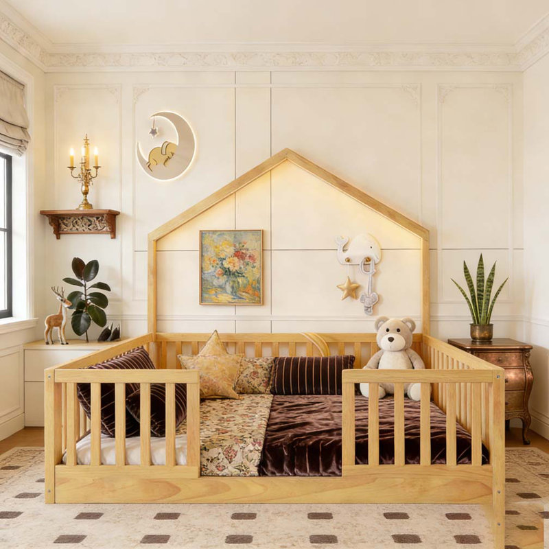 Lit sur pied en bois Montessori, Lit simple, Bois naturel