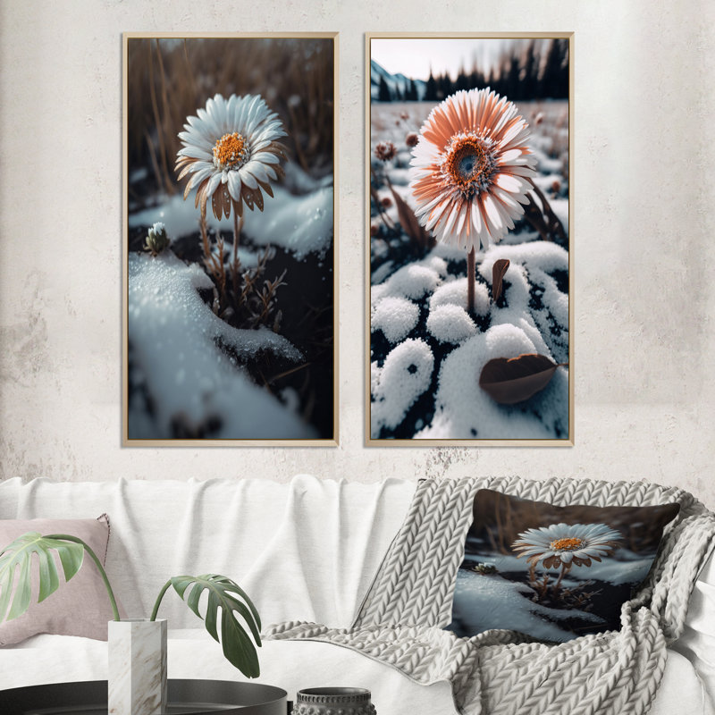 «A Daisy Flower Blooming Winter», 2 pièces sur toile, H 32 po x l 32 po, Encadrement brun