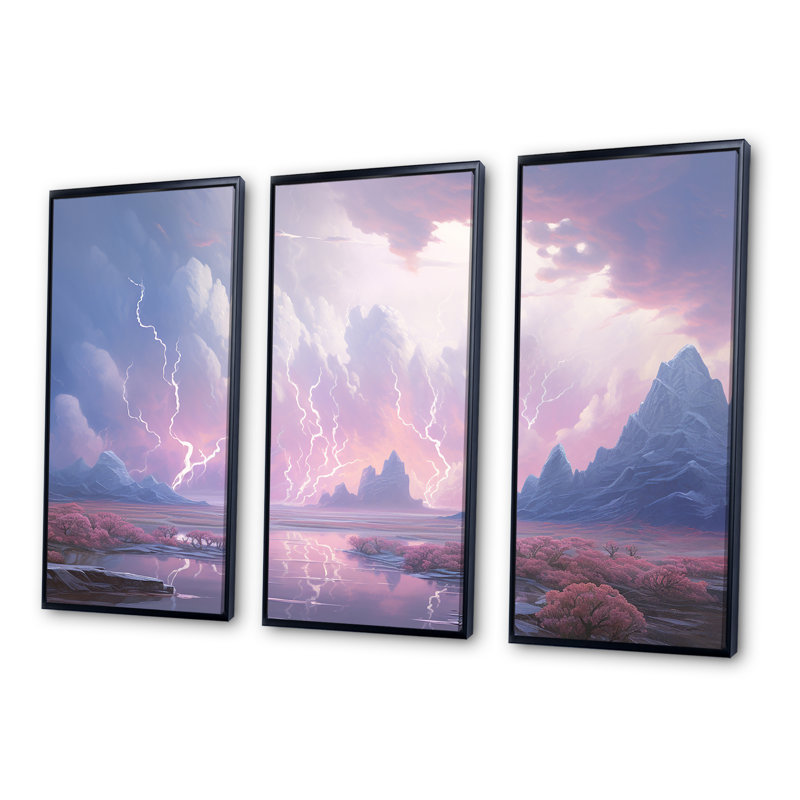 «Kawaii Lightning Landscape I - Lightning», ensemble d'art mural, Cadre flottant noir, H 32 po x l 48 po x P 1 po