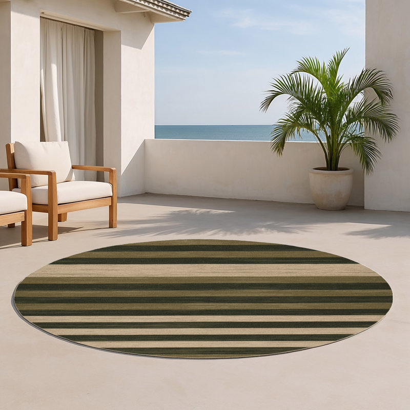 Tapis intérieur / extérieur brun HorizontalStripes, Rond 5 pi