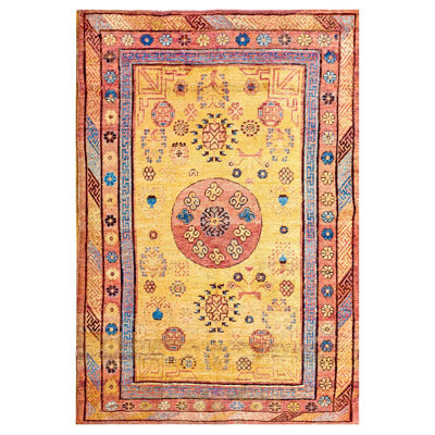 Tapis à motif de rosette et de médaillon diagonale à fond jaune étonnant