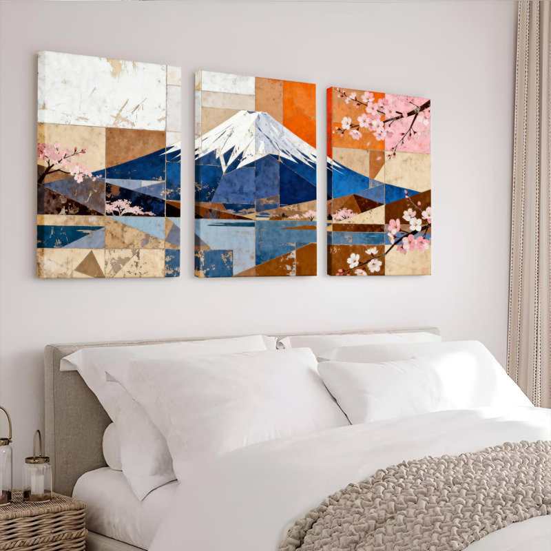 «Mount Fuji and Cherry Blossom», art mural tendu sur toile, ensemble d'inspiration japonaise (ensemble de 3)