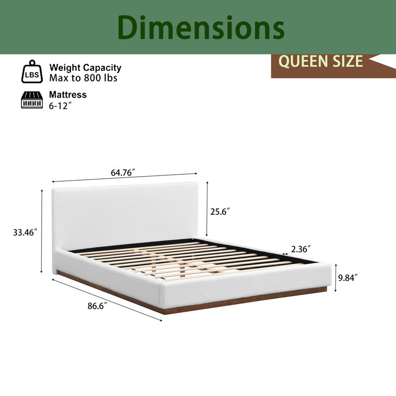 Lit tapissier en tissu blanc avec base en bois massif, Grand lit